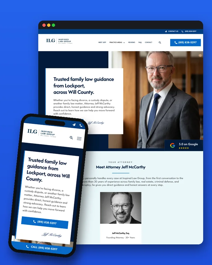 Inspired Law Group family law website, desktop and phone, built by Rankwyre