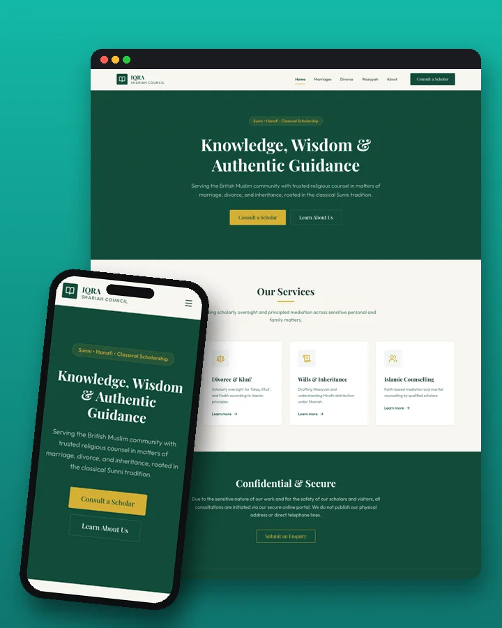 Iqra Sharia Council website, desktop and phone, built by Rankwyre