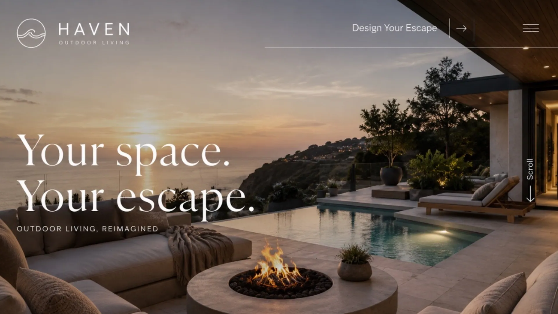 HAVEN outdoor living business website design with a sunset patio hero