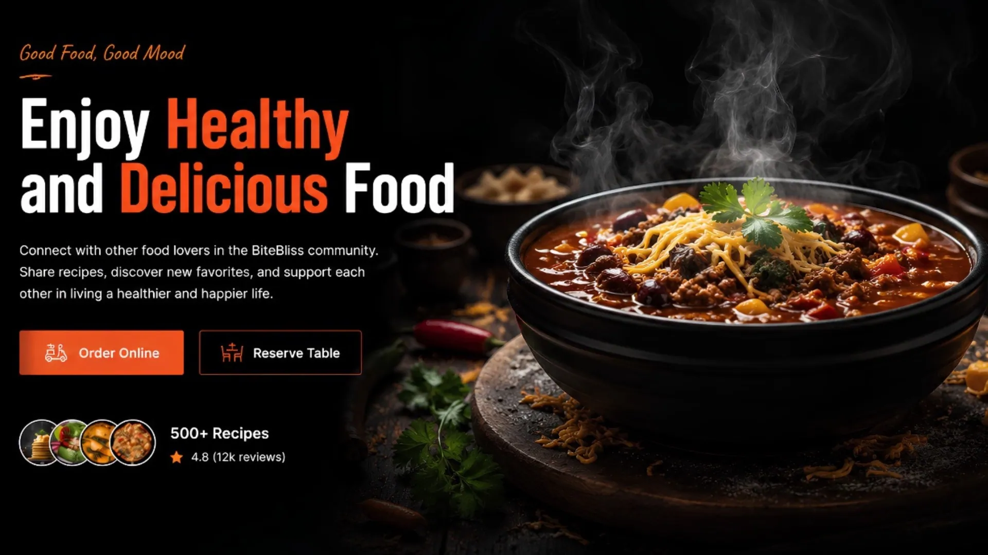 BiteBliss food ecommerce website homepage with online ordering and reviews