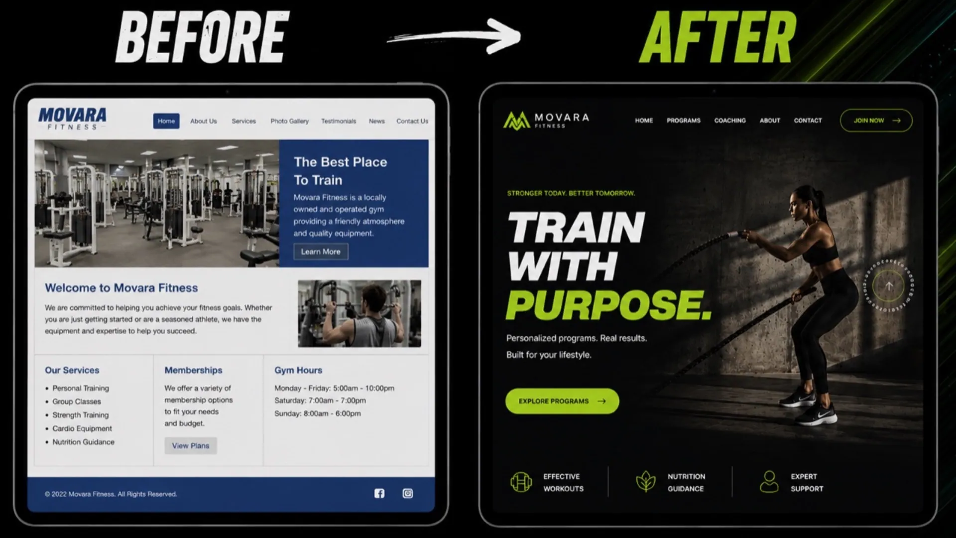 Movara Fitness website redesign shown as a before and after comparison